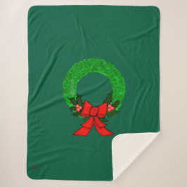 Wreath with Holly and Red Bow Sherpa Blanket Sherpa Deken
