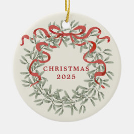 Wreath with Red Ribbon Family Photo Holiday Keramisch Ornament