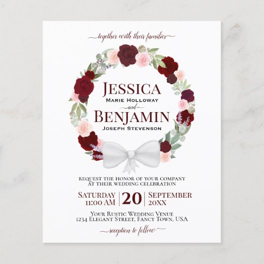 Wreatof Red Roses BUDGET Wedding Invitation (Voorkant)