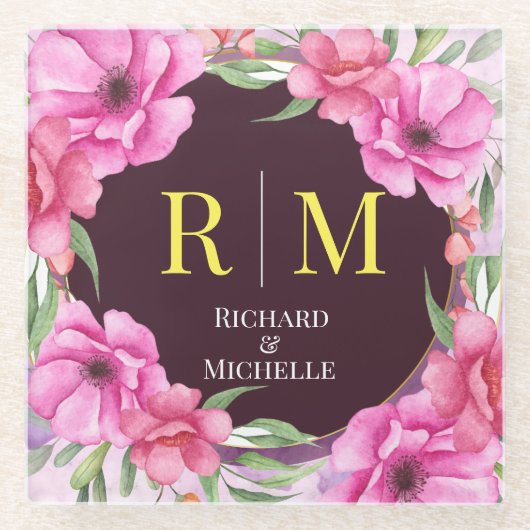 Wreator Floral Initiaal Letter Monogram Name Marbl Glazen Onderzetter (Voorkant)