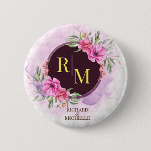 Wreator Floral Initiaal Letter Monogram Name Marbl Ronde Button 5,7 Cm