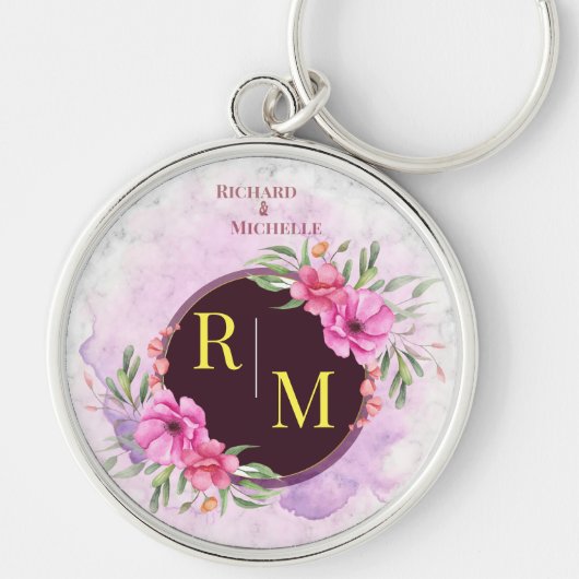 Wreator Floral Initiaal Letter Monogram Name Marbl Sleutelhanger (Voorkant)