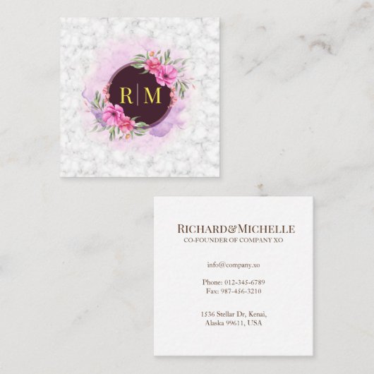 Wreator Floral Initiaal Letter Monogram Name Marbl Vierkante Visitekaartje (Voorkant / Achterkant)