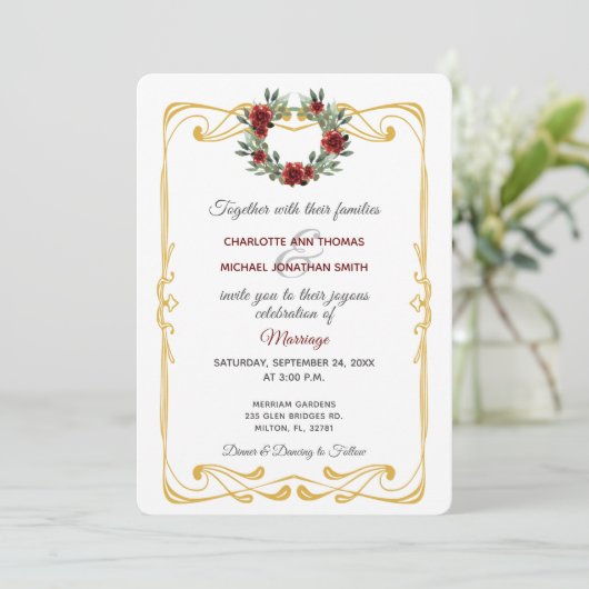 Wreator met Gold Lijst Flat Linen Invitation Aankondiging (Staand voorkant)