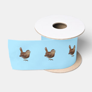 Wren Bird (Troglodytes) Sky Blue Satijnen Lint