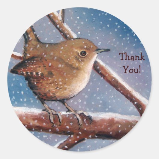 WREN, BIRD, WINTER: DANKJEWEL STICKERS: KUNST RONDE STICKER (Voorkant)