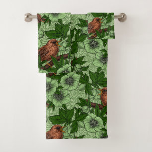 Wren en hellebore, lichtgroen bad handdoek