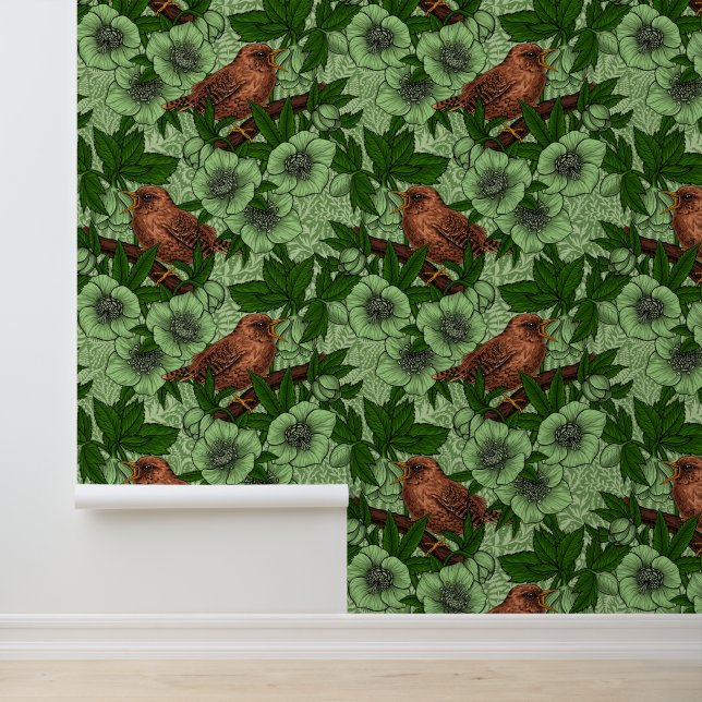 Wren en hellebore, lichtgroen behang (Applicatie)