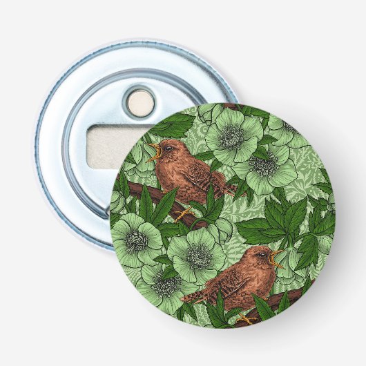 Wren en hellebore, lichtgroen button flesopener (Voorkant)