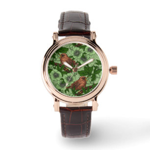 Wren en hellebore, lichtgroen horloge