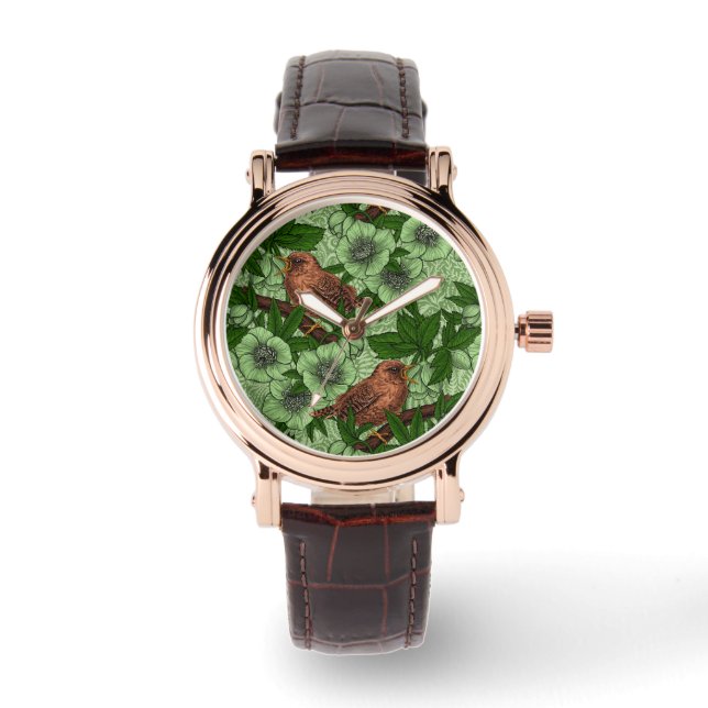 Wren en hellebore, lichtgroen horloge (Voorkant)