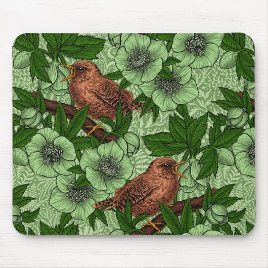 Wren en hellebore, lichtgroen muismat (Voorkant)