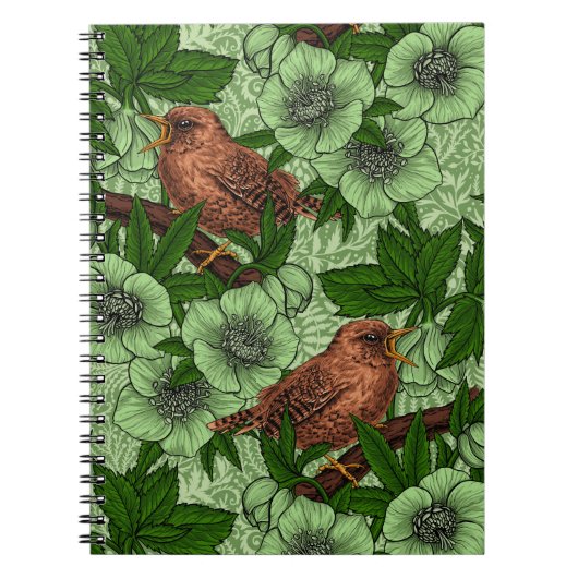 Wren en hellebore, lichtgroen notitieboek (Voorkant)