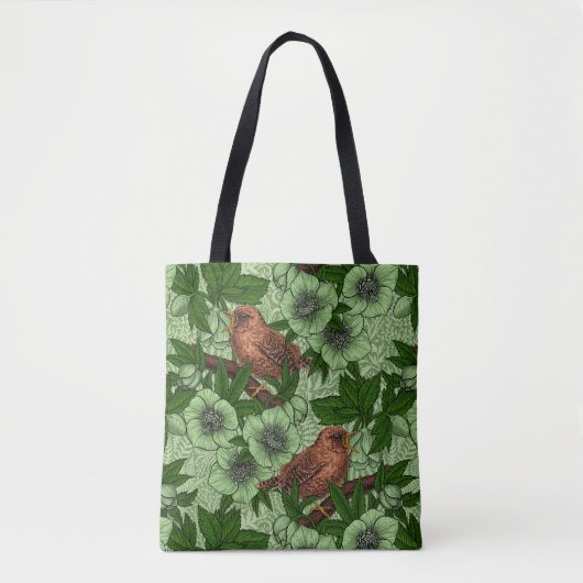 Wren en hellebore, lichtgroen tote bag (Voorkant)
