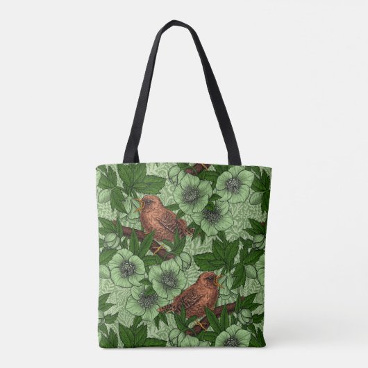 Wren en hellebore, lichtgroen tote bag (Achterkant)
