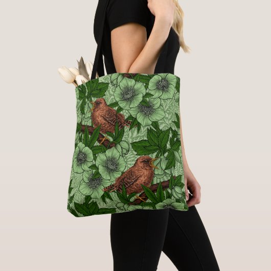 Wren en hellebore, lichtgroen tote bag (Dichtbij)