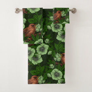 Wren en hellebore op donkergroen bad handdoek