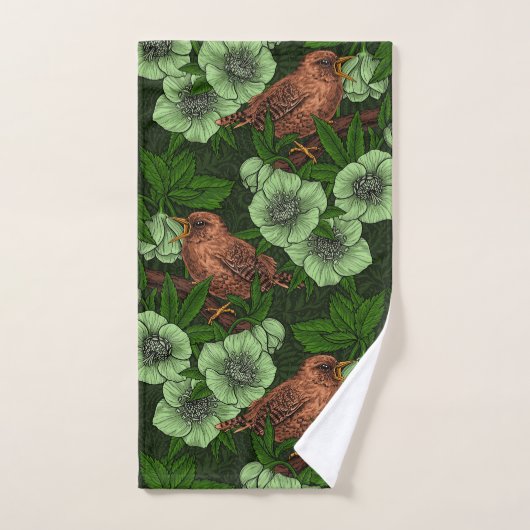 Wren en hellebore op donkergroen bad handdoek (Handdoek)