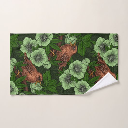 Wren en hellebore op donkergroen bad handdoek (Handdoek)