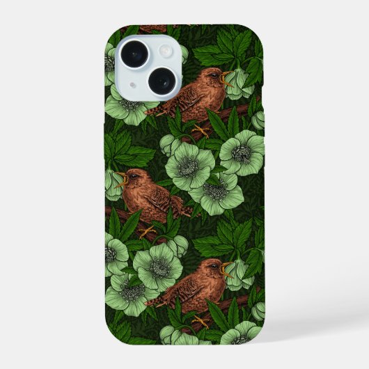 Wren en hellebore op donkergroen iPhone 15 case (Achterkant)