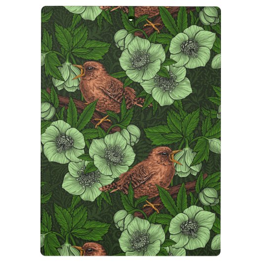 Wren en hellebore op donkergroen klembord (Achterkant)
