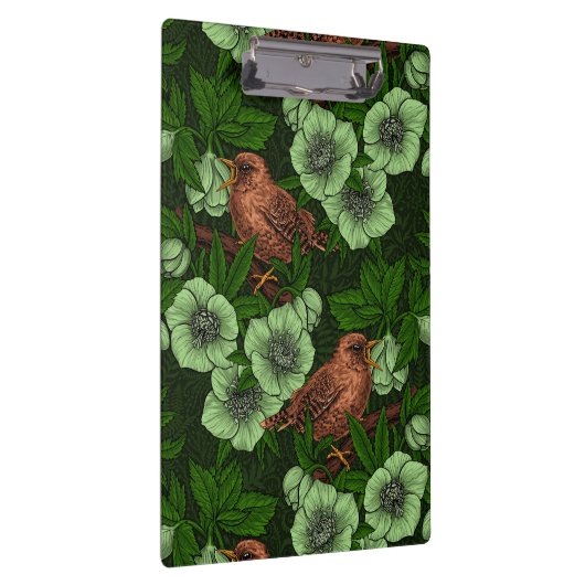 Wren en hellebore op donkergroen klembord (Rechts)