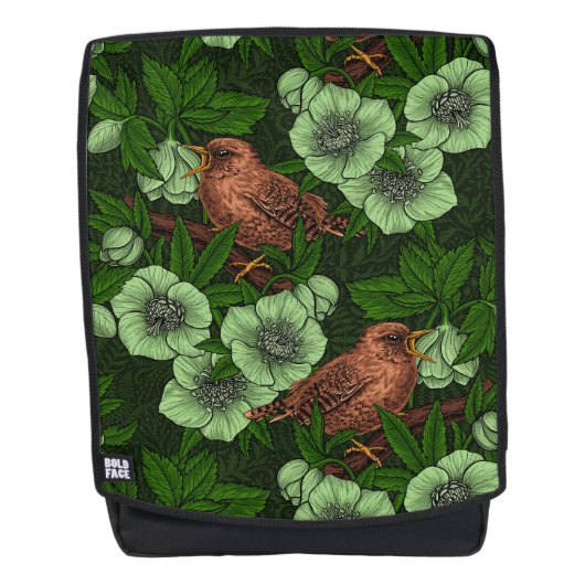 Wren en hellebore op donkergroen rugtassen (Voorkant)