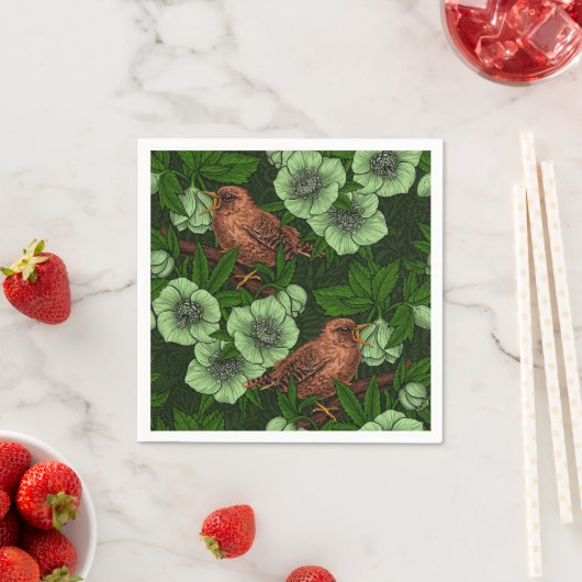 Wren en hellebore op donkergroen servet (Insitu)