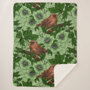 Wren en hellebore op donkergroen sherpa deken