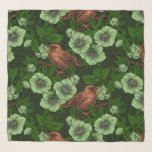 Wren en hellebore op donkergroen sjaal<br><div class="desc">Handgeschilderde vectorillustratie van een vogelwervel op een gevallen tak tussen helleborbloemen</div>