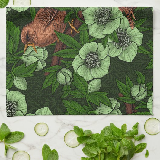 Wren en hellebore op donkergroen theedoek (Gevouwen)