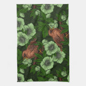 Wren en hellebore op donkergroen theedoek (Verticaal)