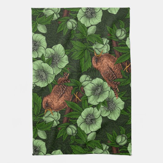 Wren en hellebore op donkergroen theedoek (Verticaal)