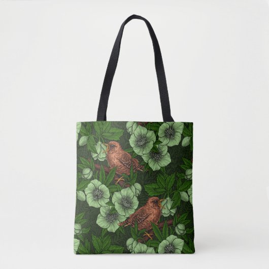 Wren en hellebore op donkergroen tote bag (Voorkant)