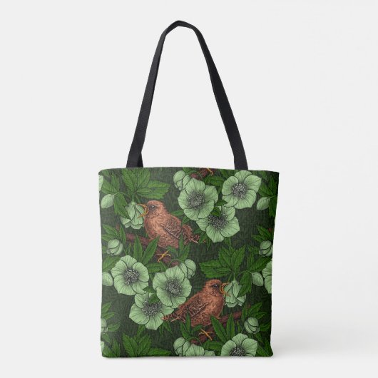 Wren en hellebore op donkergroen tote bag (Achterkant)