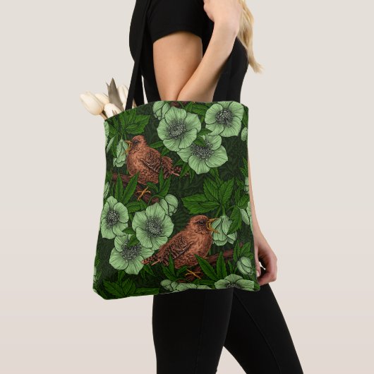 Wren en hellebore op donkergroen tote bag (Dichtbij)