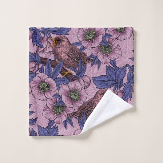 Wren en hellebore, roze en violet bad handdoek (Wasdoekje)