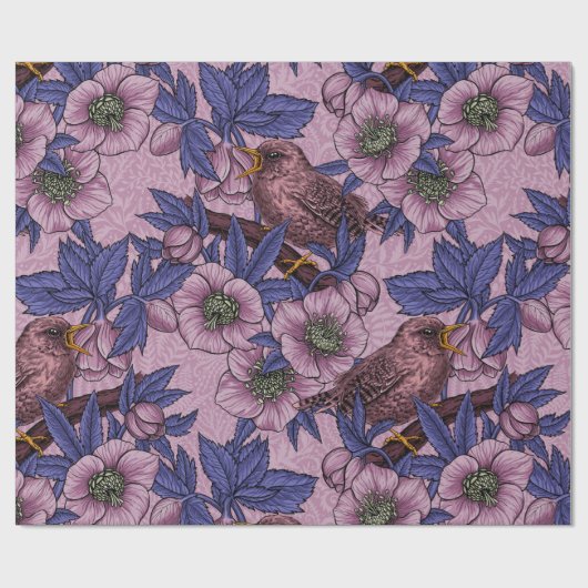 Wren en hellebore, roze en violet cadeaupapier (Vlak)
