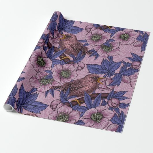 Wren en hellebore, roze en violet cadeaupapier (Uitgerold)