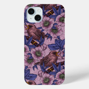 Wren en hellebore, roze en violet iPhone 15 mini hoesje