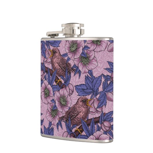 Wren en hellebore, roze en violet heupfles (Links)