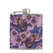 Wren en hellebore, roze en violet heupfles (Voorkant)