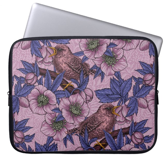 Wren en hellebore, roze en violet laptop sleeve (Voorkant)