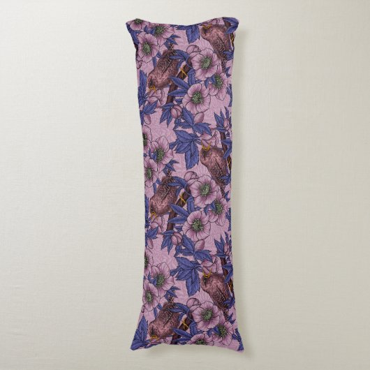 Wren en hellebore, roze en violet lichaamskussen (Voorkant Verticaal)