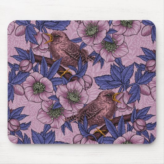 Wren en hellebore, roze en violet muismat (Voorkant)