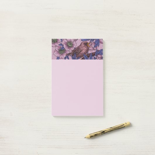 Wren en hellebore, roze en violet post-it® notes (Op bureau)