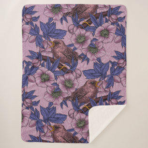 Wren en hellebore, roze en violet sherpa deken