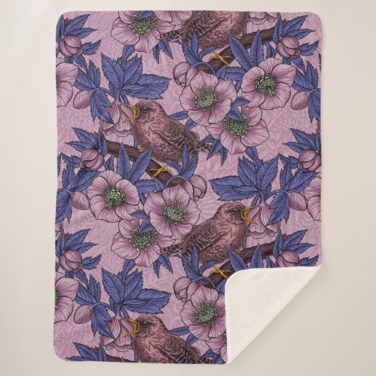 Wren en hellebore, roze en violet sherpa deken (Voorkant)