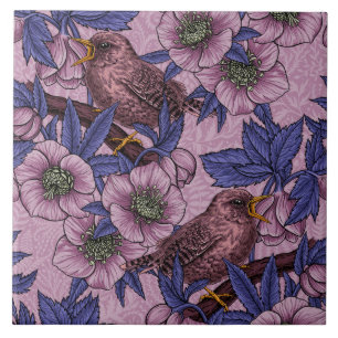Wren en hellebore, roze en violet tegeltje