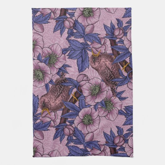 Wren en hellebore, roze en violet theedoek (Verticaal)